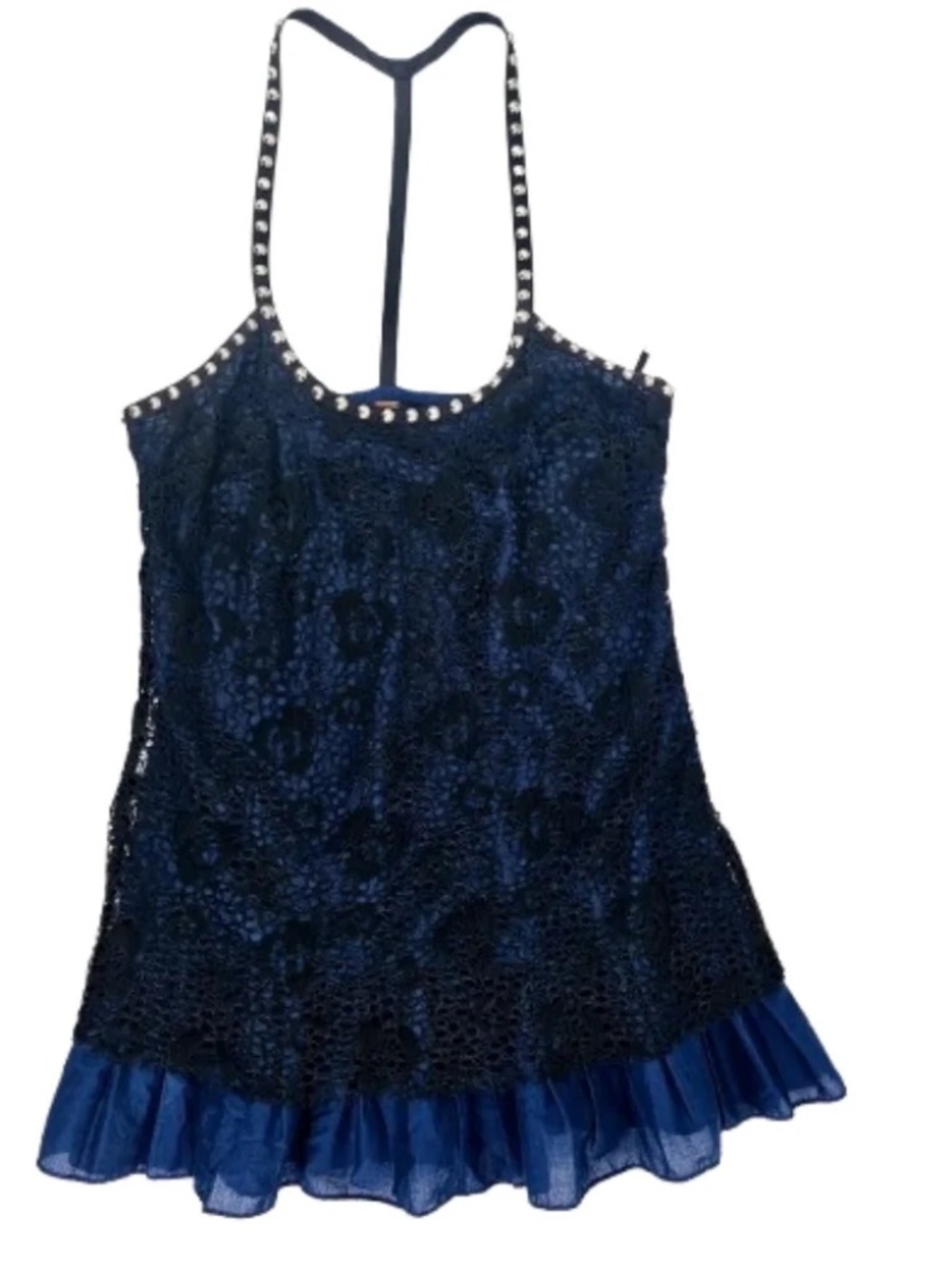 Free People Size 8 Black Lace Over Blue Dress Studded Straps lot6491